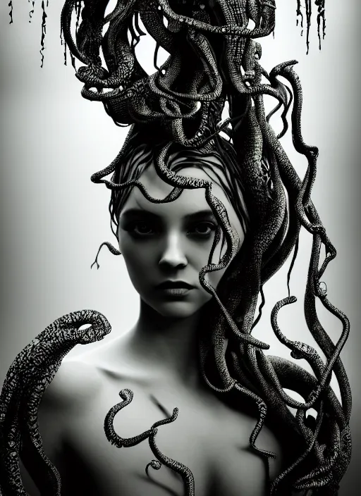 Prompt: surreal mythical dreamy dark artistic black and white fine art photo of a beautiful young female medusa - mermaid - cyborg covered with translucent algae, highly detailed, intricate crystal ivy jelly fish scales ornate, lace web, poetic, octane render, 8 k, photo - realistic, by horst p. horst