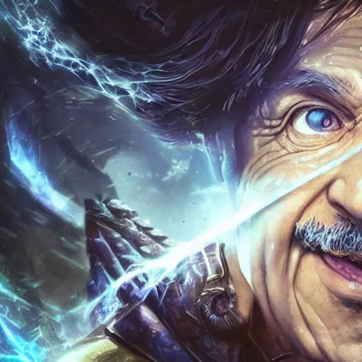 Image similar to portrait of albert einstein as a spellcaster, league of legends amazing splashscreen artwork, gears of war, splash art, natural light, elegant, photorealistic facial features, intricate, fantasy, detailed face, atmospheric lighting, anamorphic lens flare, cinematic lighting, league of legends splash art, hd wallpaper, ultra high details by greg rutkowski