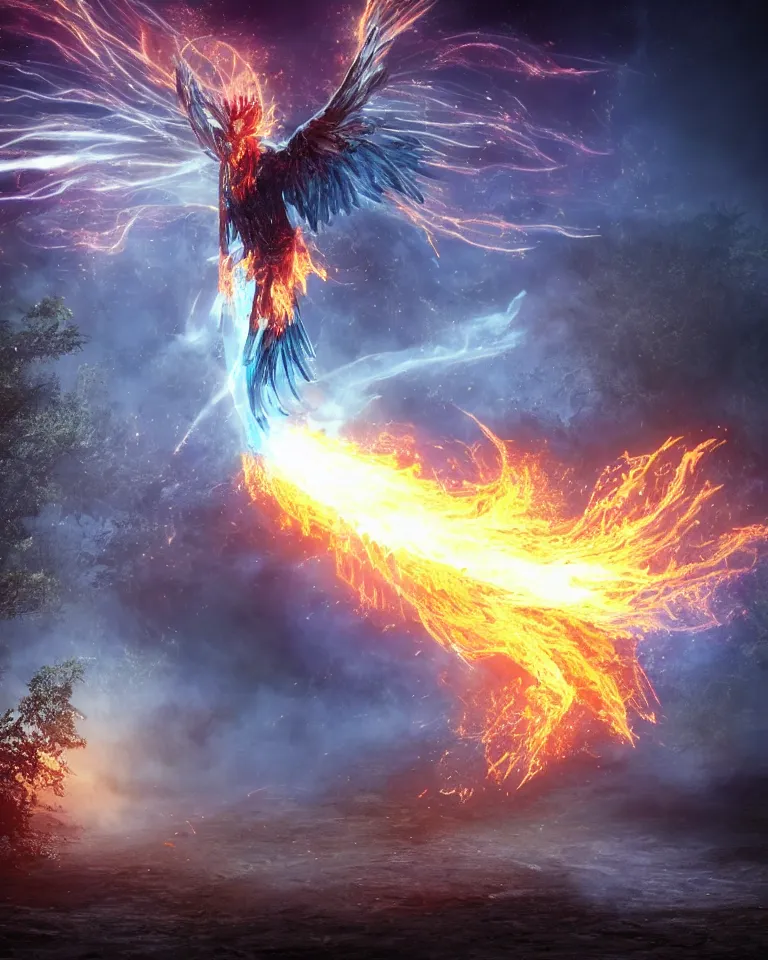 Image similar to a photoreaslistic render of a single burning steel ethereal phoenix rising out of the ground, ethereal lighting, pixie dust magic, brilliant glow, cinematic, magic particles, epic scale ultrawide angle, deep vivid colors, explosive energy, like elder scrolls and elden ring and lord of the rings, bursting with debris and pebbles and dust clouds and ash