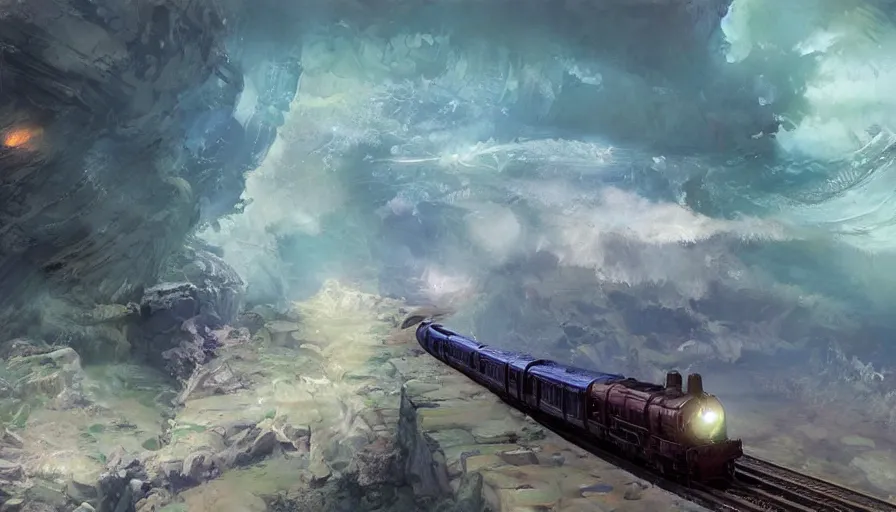 Image similar to craig mullins and ghibli digital illustration of a long dragon train in deep ocean unreal engine, hyper realism, realistic shading, cinematic composition, realistic render, octane render, detailed textures, photorealistic, wide shot