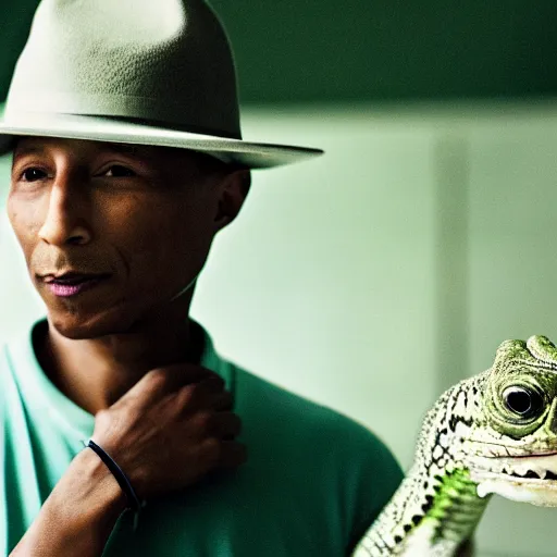 Prompt: cinematic film still of Pharrell Williams holding a lizard while Making A Beat with an anthropomorphic alien, Japanese VFX, 2018, 400mm lens, f1.8, shallow depth of field,film photography