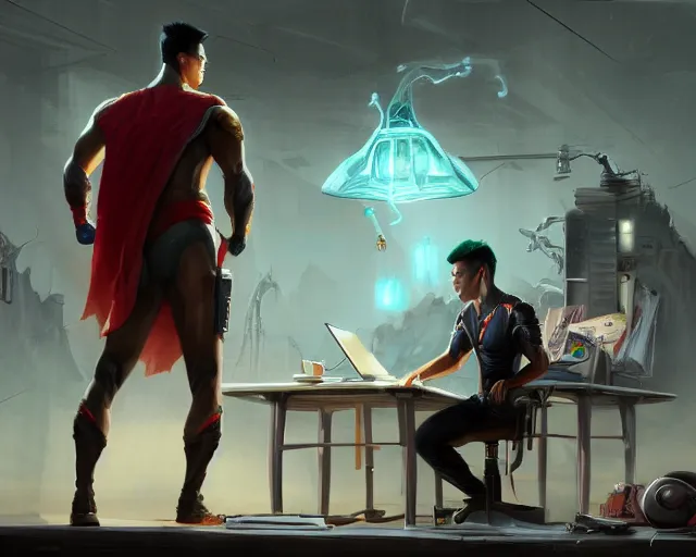 Image similar to an insanely detailed painting of a asian man wearing a superhero costume, sitting at a desk, staring at the nervously at the computer and typing, in the style of peter mohrbacher, dramatic lighting and composition, surreal background, octane render, pixar, trending on artstation, concept art, comic book, view from behind