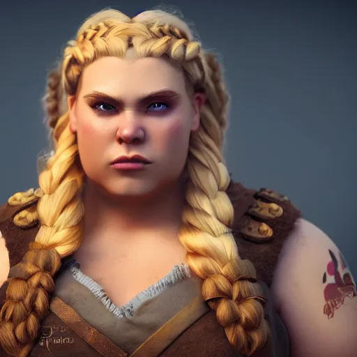 Image similar to a handsome corpulent viking girl with blond hair, clash royal style characters, unreal engine 5, octane render, detailed, cinematografic, cinema 4 d