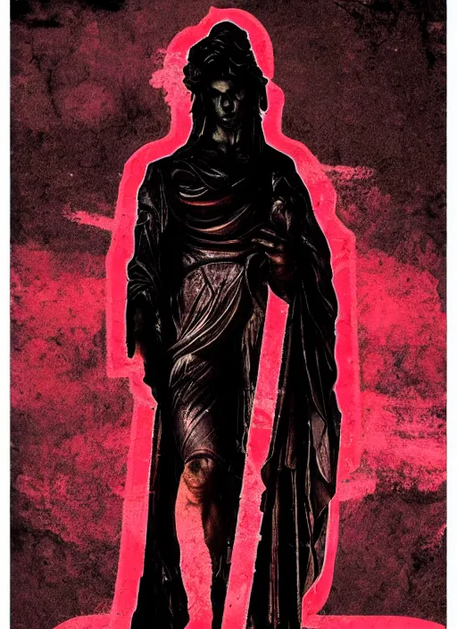 Image similar to elegant dark design poster showing a greco roman statue, black background with very subtle red and purple design elements, powerful, nekro, vito acconci, thick straight lines, dark, glitch art, neo vaporwave, gritty, layout frame, square, extremly detailed, trending on artstation