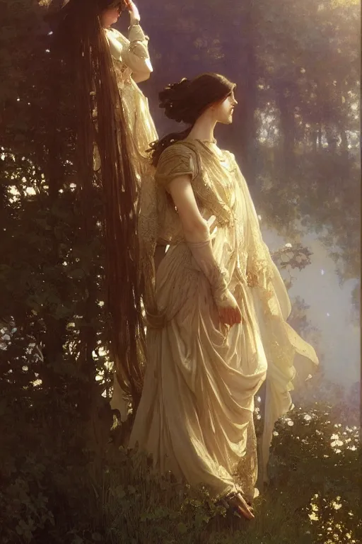 Prompt: Between heaven and elegance long are the shadows of dreams, by greg rutkowski, Ilya repin, alphonse mucha, and Edmund Blair Leighton A meaningful painting, oil on canvas, baroque, beautiful lighting, trending on Artstation, Highly detailed