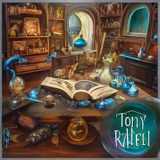 Image similar to hyper real, table, magic book, wizards laboratory, tony sart, mortar, pestle, scales, energy flowing, ancient brown map, beakers of colored liquid