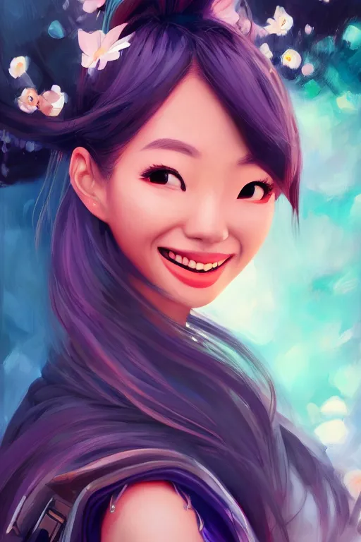 Image similar to a painting of cute Asian girl smiling, flowing hair, futuristic clothes, in the style of Pixar animation, low angle view, 16mm lens, award winning, hyper detailed, dramatic lighting, artstation, octane renderer, unreal engine