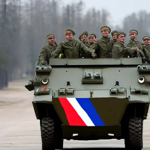 Image similar to russian soldiers in full uniform ride on an armored personnel carrier with the flag of the russian empire