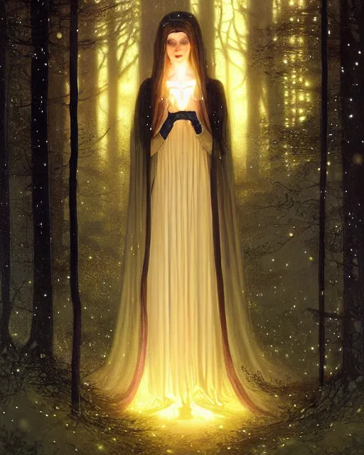 Prompt: nocturne, glowing, stars, a portrait of a beautiful medieval princess, tall and thin, highly detailed, mysterious, ethereal, glowing in the dark, haute couture, dark forest, illustration, painting, dramatic lighting, by edmund blair leighton, brom, charlie bowater, faces by otto schmidt