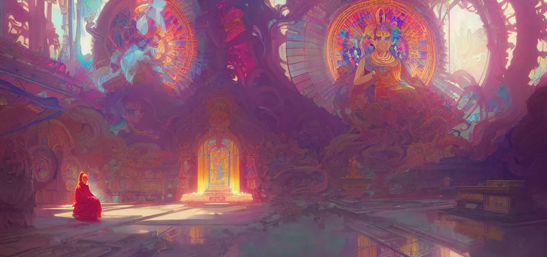 Image similar to a buddhist temple, netrunner accents, vaporwave aesthetic, colorful, psychedelic, digital painting, artstation, concept art, smooth, sharp focus, illustration, art by artgerm and greg rutkowski and alphonse mucha