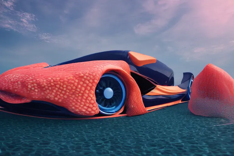 Prompt: car made of fish, half car half fish, car with fins and gills, underwater fishy car, coral, luxury fish sports car, hd render 4 k, shiny materials, big bulging fish eyes, road