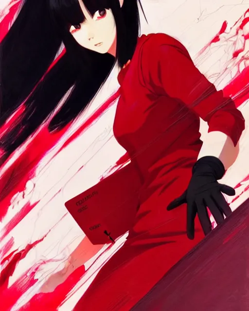 Image similar to black haired girl wearing a surgical mask and red dress | | audrey plaza, warframe armor, fine detail!! anime!! realistic shaded lighting!! poster by ilya kuvshinov katsuhiro otomo ghost - in - the - shell, magali villeneuve, artgerm, jeremy lipkin and michael garmash and rob rey