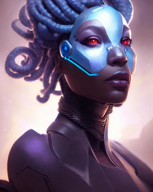 Image similar to sojourn from overwatch, bust, dreadlocks, gray hair, cyborg eyes, fantasy, fantasy art, fantasy, colorful, elegant, character portrait, portrait, close up, highly detailed, intricate detail, amazing detail, sharp focus, vintage fantasy art, vintage sci - fi art, radiant light, caustics, by boris vallejo
