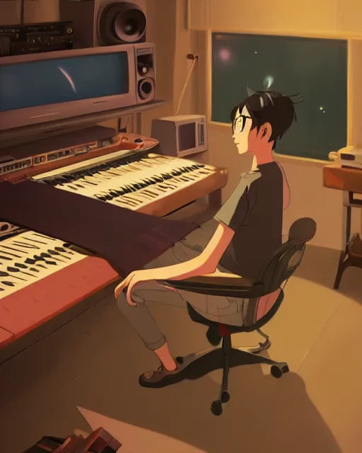 Image similar to producer making music late at night at his home studio, detailed, cory loftis, james gilleard, atey ghailan, makoto shinkai, goro fujita, studio ghibli, rim light, exquisite lighting, clear focus, very coherent, plain background, soft painting