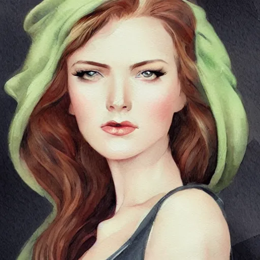 Prompt: 1940s style brunette haired girl, green eyes, artstation, watercolor, highly detailed, portrait, by Charlie bowater