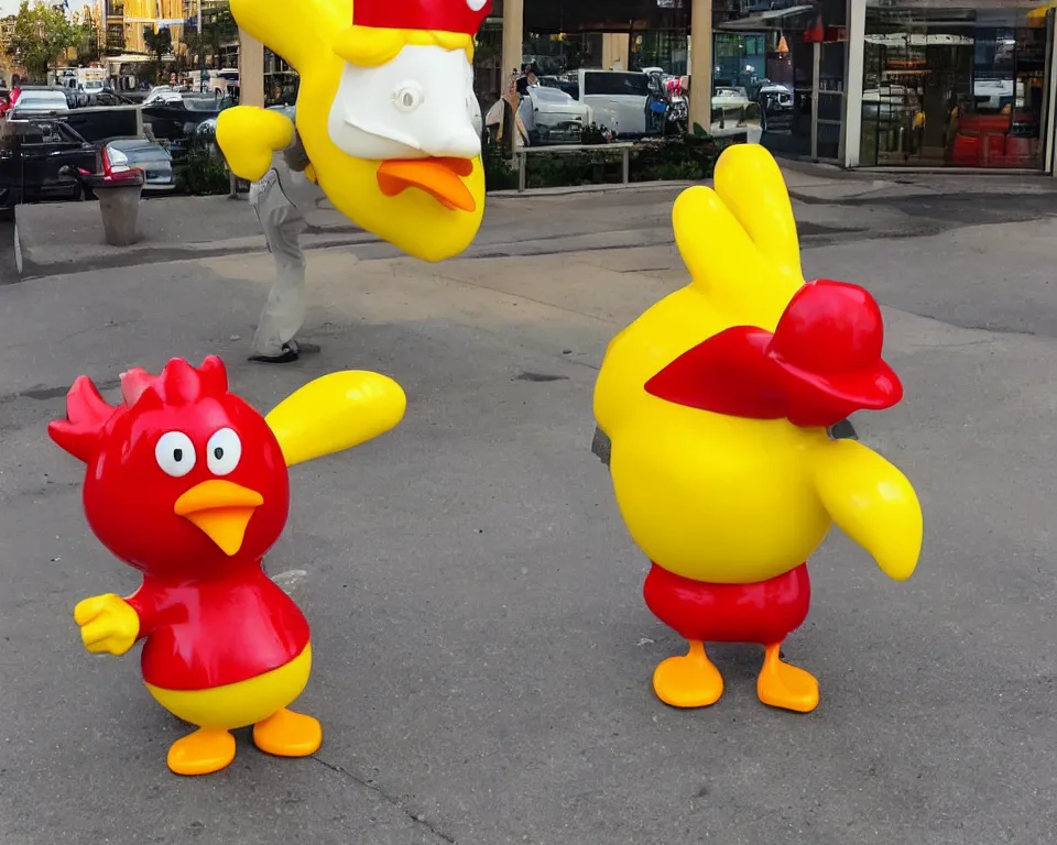 Image similar to the chicken mascot is outside of mcdonald's. it is a yellow chicken with a red mcdonald's hat on its head.