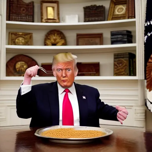 Prompt: donald trump eating baked beans in the white house