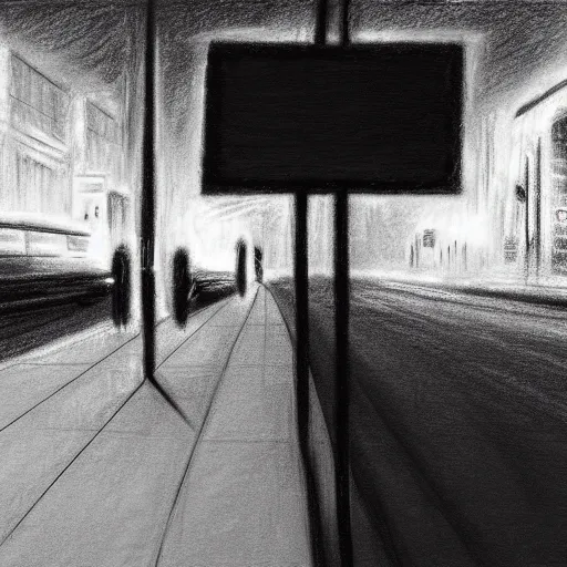 Image similar to dark city bus stop, chalk on blackboard drawing,very detailed,ArtStation