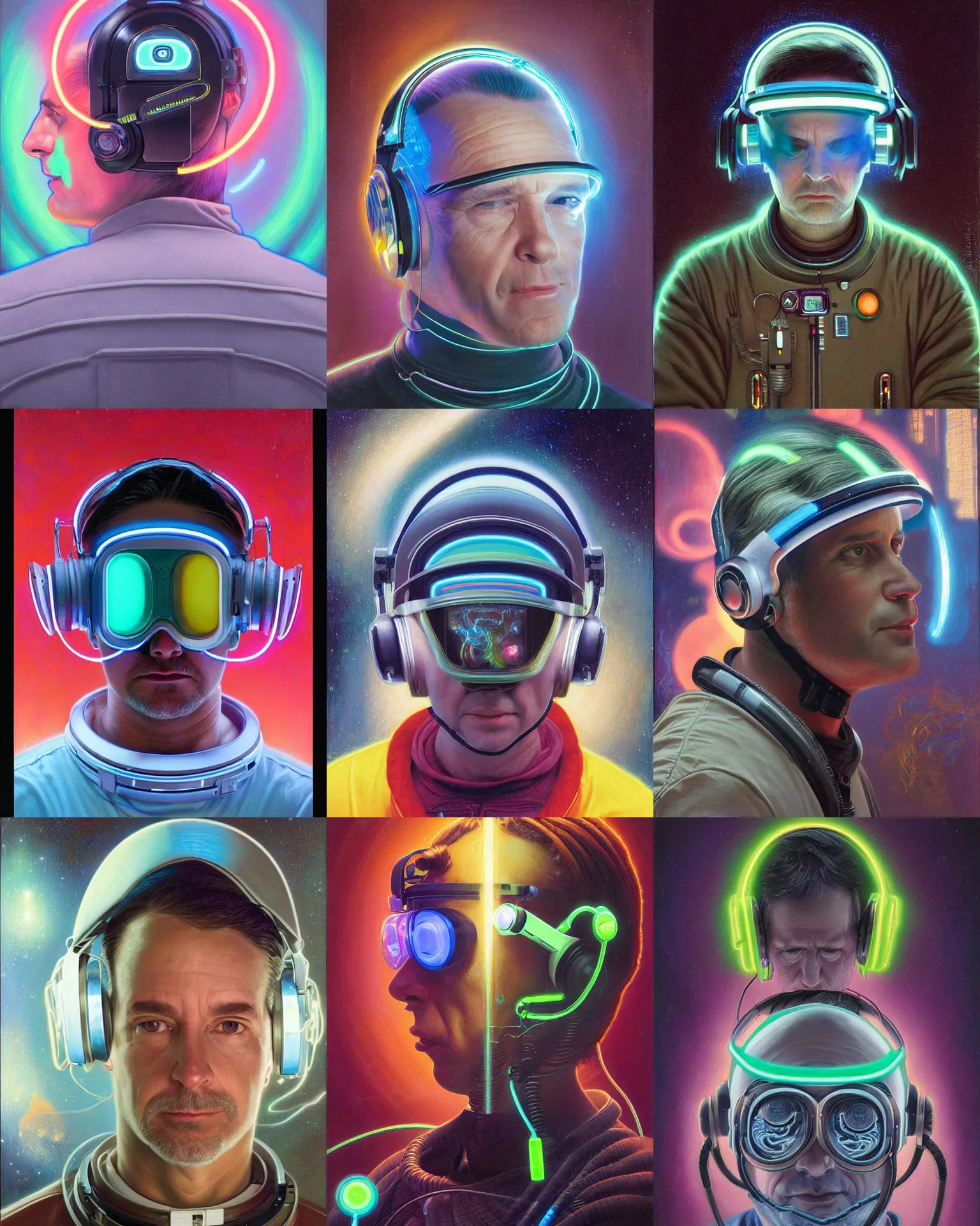 Prompt: future coder, graying hair, glowing visor over eyes and sleek neon headphones headshot desaturated profile painting by donato giancola, dean cornwall, rhads, tom whalen, alex grey, alphonse mucha, astronaut cyberpunk electric fashion photography