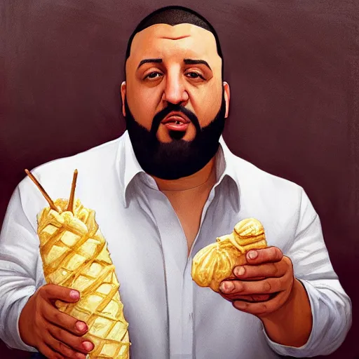 Prompt: portrait of DJ Khaled holding ice cream cone with large scoop of ice cream as a Grand Theft Auto Cover, elegant, intricate, headshot, highly detailed, digital painting, artstation, concept art, sharp focus, illustration, art by artgerm and greg rutkowski and alphonse mucha