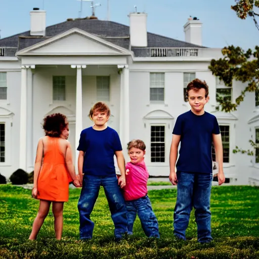 Image similar to one girl and three boys stand together. they are siblings. a white housewall is in the beackground