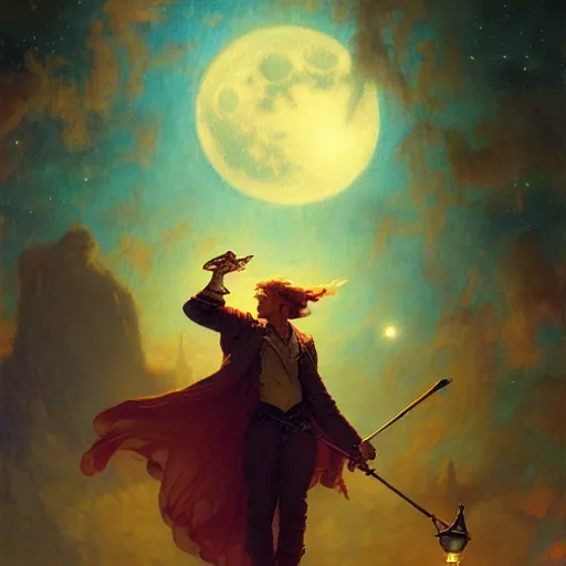 Image similar to attractive male wizard magically floating and flying high in the night sky, fantasy, full moon in background. highly detailed painting by gaston bussiere, craig mullins, j. c. leyendecker, mid shot, 8 k