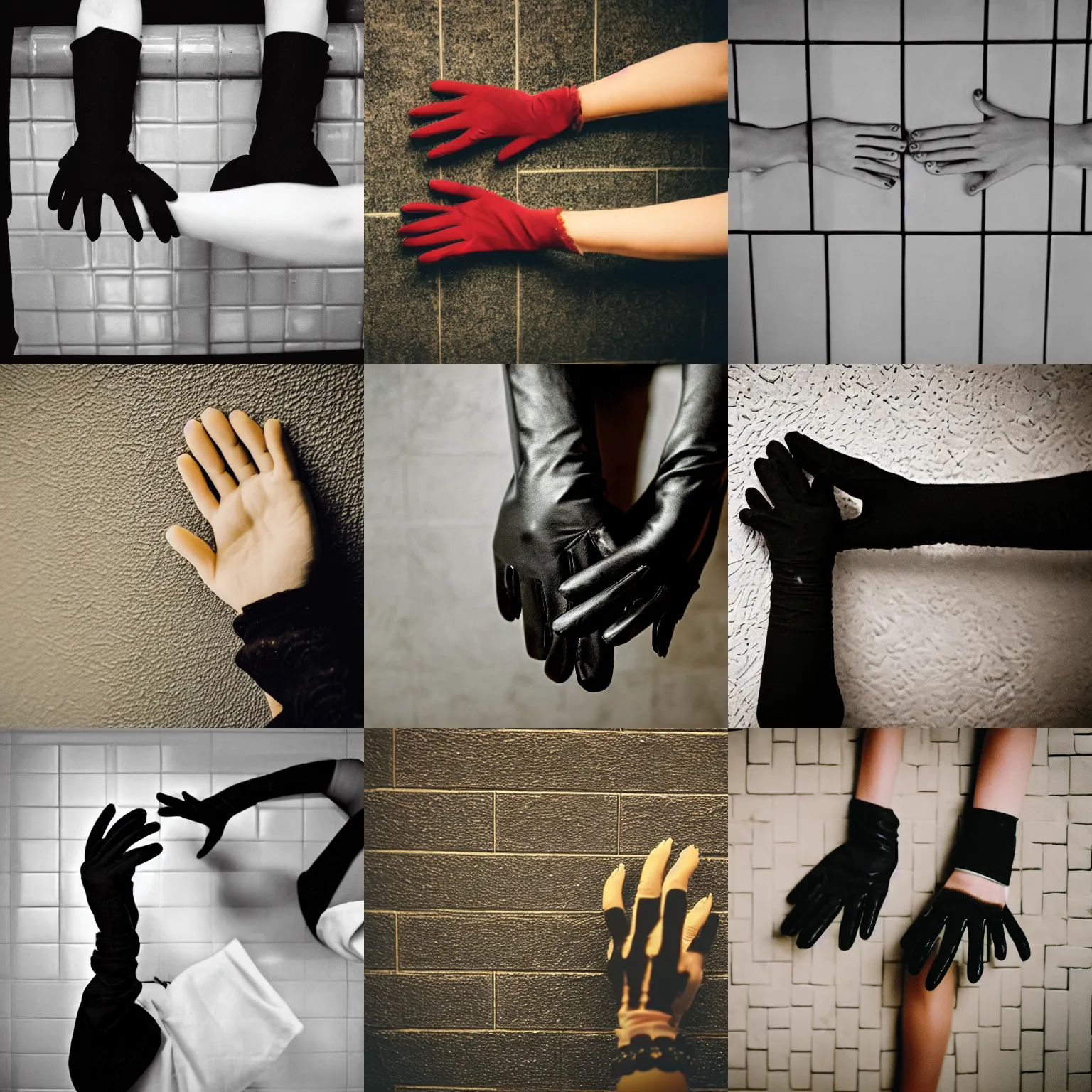 Prompt: a vintage photo of the hands of a woman wearing black gloves leaning on a bathroom wall tiles, close up, fujifilm, 3 5 mm
