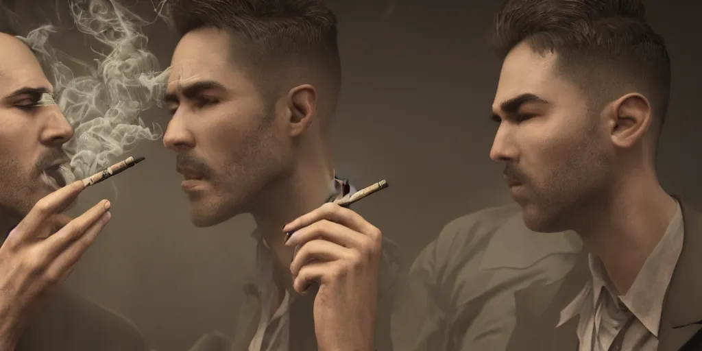 Prompt: two men with extremely cool eyebrows smoking casually, realistic 4 k octane beautifully detailed render, 4 k post - processing, highly detailed, intricate complexity, epic composition, magical atmosphere, cinematic lighting, masterpiece, ultra hd