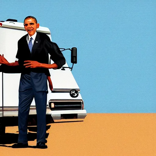 Image similar to obama holding a ziplock bag with baby blue meth, desert background, next to an rv, by stephen bliss, gta loading screen