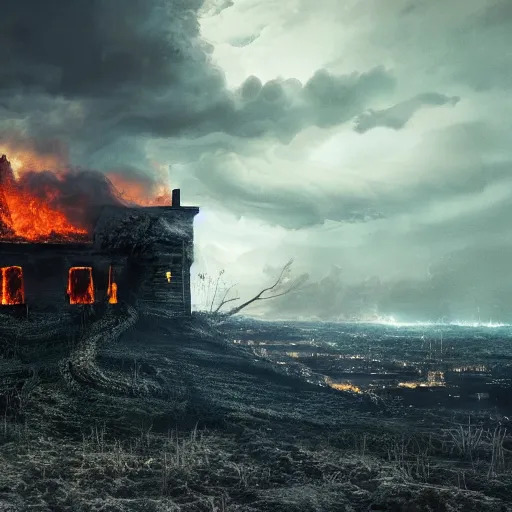 Prompt: a highly detailed cloaked creature from another dimension watching a house on fire, firestorm, a black void in the sky, stormy clouds, wide perspective, low perspective, burning village, highly detailed digital art, cinematic, hyper realism, oil on canvas, trending on Artstation, octane render