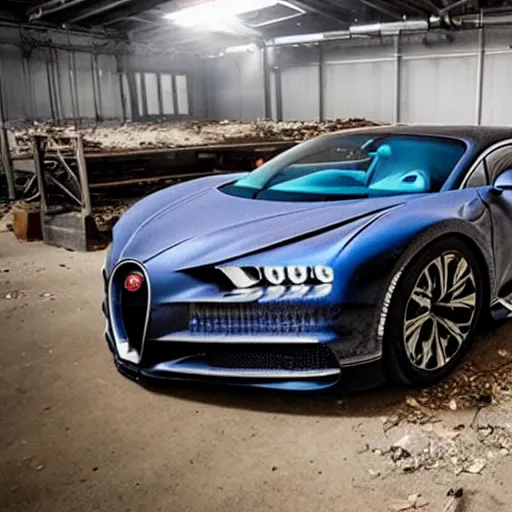 Image similar to an abandoned, derelict, rusty bugatti chiron in a dirty warehouse