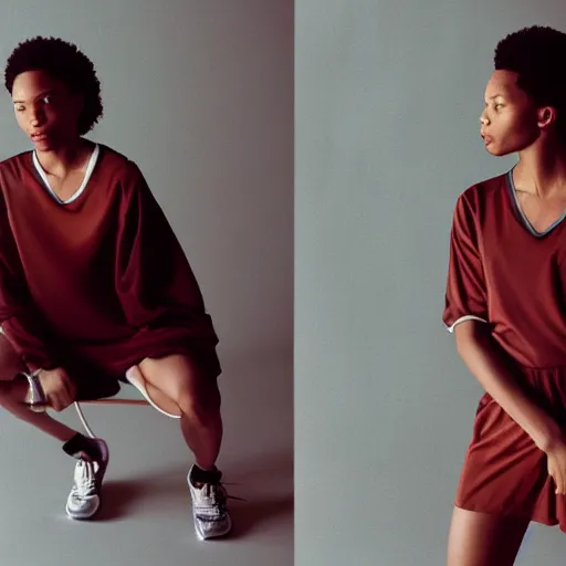 Prompt: realistic photoshooting for a new nike lookbook, color film photography, portrait of a beautiful woman, in style of Tyler Mitchell, 35mm,