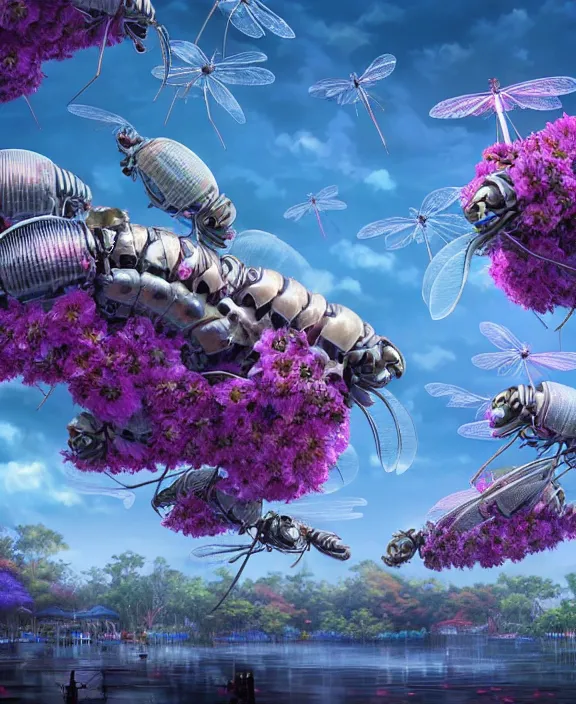 Image similar to an amusement park made out of seamless alien isopod dragonflies, in the style of an aerodynamic robot, overgrown with puffy orchids, partly cloudy, somber, dramatic lighting, by dan mumford, yusuke murata, makoto shinkai, ross tran, cinematic, unreal engine, cel shaded, featured on artstation, pixiv