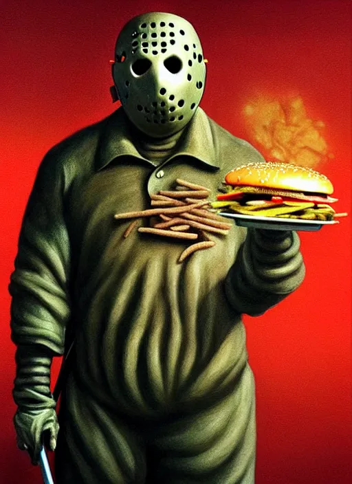 Image similar to hyper detailed 3d render like a Oil painting - Jason Voorhees (Friday the 13th) seen Eating hamburgers and french fries and big macs from mcdonalds by Jacek Yerka, Mariusz Lewandowski, Houdini algorithmic generative render, Abstract brush strokes, Masterpiece, Edward Hopper and James Gilleard, Zdzislaw Beksinski, Mark Ryden, Wolfgang Lettl, hints of Yayoi Kasuma, octane render, 8k