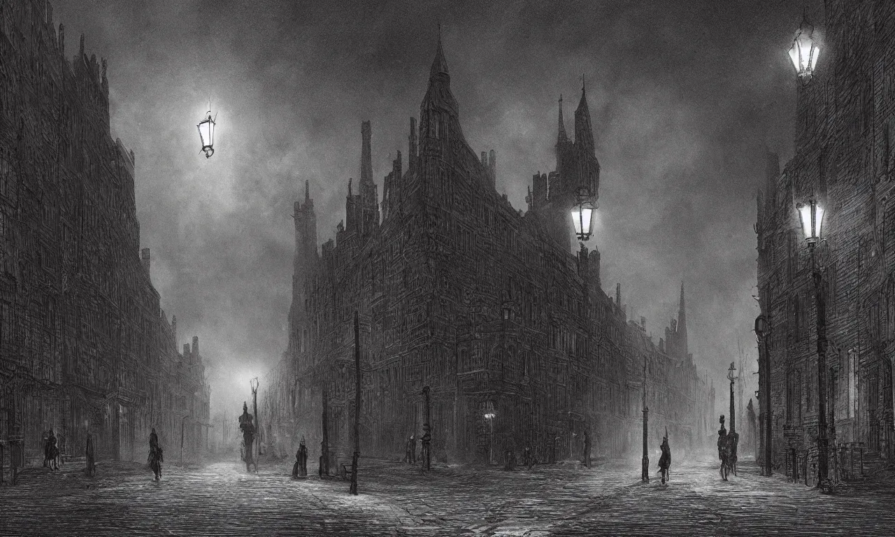 Prompt: a street of 19th century london at night, lamps illuminating the street, in the style of Bloodborne
