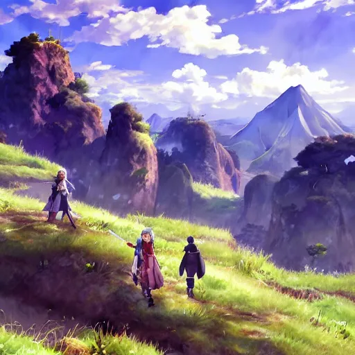 Image similar to watercolor, wallpaper, 4 k, digital art, photorealism, realistic, unity, unreal engine, blue skies and rolling green fields, rpg isekai adventurers, anime, mountains, by hayao miyazaki, by studio ghibli, high quality, stunning, amazing work of arts, inspirational