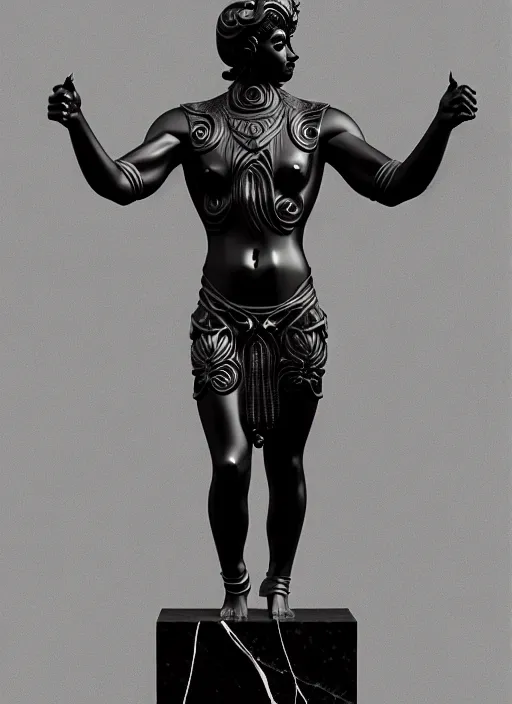 Image similar to stylized onyx black gold lines ornate statue full body made of marble of judas, perfect symmetrical body, perfect symmetrical face, hyper realistic, hyper detailed, by johannen voss, by michelangelo, octane render, blender, 8 k, displayed in bright studio room art deco