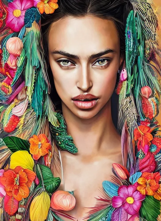 Image similar to beautiful portrait of Irina Shayk wearing fantastic Hand-dyed cotton dress,embellished beaded feather decorative fringe knots ,colorful pigtail,subtropical flowers and plants,symmetrical face,mediterranean,intricate,elegant,highly detailed,8k,post-processing,digital painting,trending on pinterest,harper's bazaar,concept art, sharp focus, illustration, by artgerm,Tom Bagshaw,Lawrence Alma-Tadema,greg rutkowski,alphonse Mucha