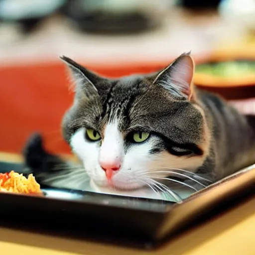 Image similar to cat sushi chef in a Japanese restaurant, close up photo