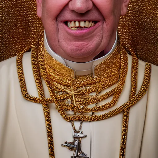 Image similar to portrait of a pope, wearing gold gangster chains, with gold teeth, studio portrait, studio lighting, studio photography, 5 0 mm, 4 k