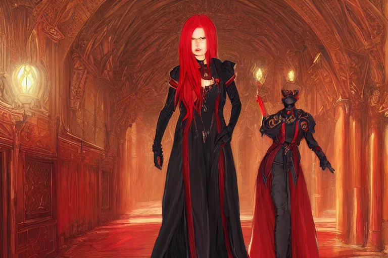 Prompt: female archmage, academy headmaster, long red hair, black and red ornate!!! dress,, d & d, castle hallway background highly detailed, digital painting, artstation, concept art, sharp focus, illustration, cinematic lighting, art by artgerm and greg rutkowski and alphonse mucha