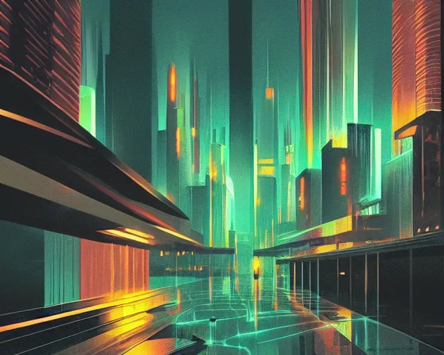 Prompt: futuristic city at night with rain, in the style of syd mead,