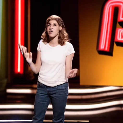 Image similar to film still of netflix comedy special. 3 2 - year - old, female short height, good - looking, standup comedian, skateboarder style, pale complexion, jewish and italian descent, fit, on stage, laughing, telling jokes. looks like amy nico schwartz.