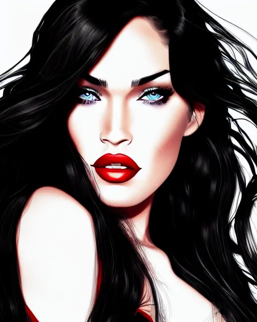Image similar to closeup portrait beautiful seductive megan fox with long windblown hair in a black party dress, red lipstick, glamour pose, detailed illustration, digital art, trending on artstation, arney freytag, graffiti, gta 5,
