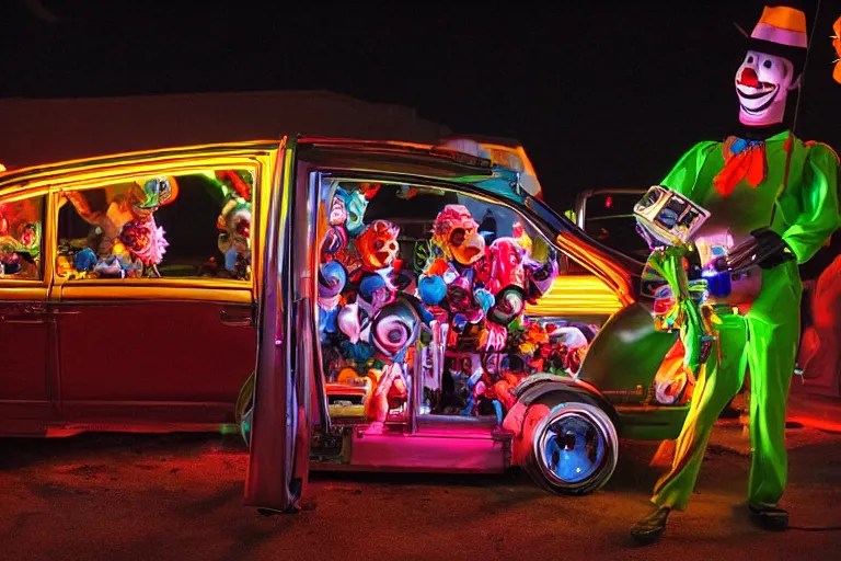 Image similar to 2 0 clowns - robots leaving a clowncar at a california drive in, in 2 0 1 2, cutecore clowncore, bathed in the the glow of the sunset, low - light photograph, in style of tyler mitchell