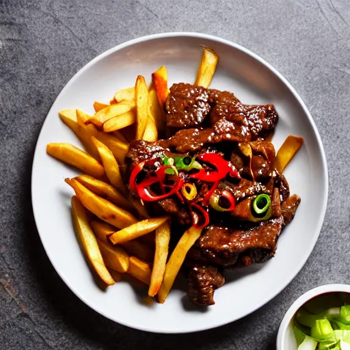 Image similar to dslr food photograph of stir fried beef in dark soy sauce, mixed with tomato wedges and french fries, served with white rice on the side, 8 5 mm f 1. 8