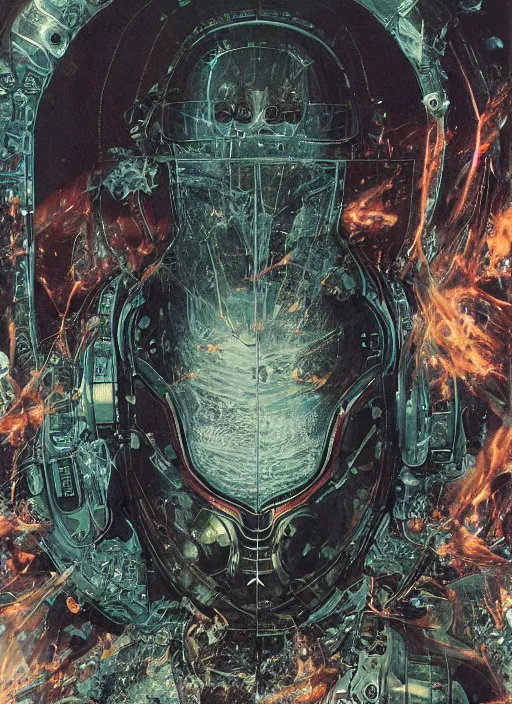 Image similar to astronauts in dark and empty void underwater - complex and hyperdetailed technical suit. reflection and dispersion materials. rays and dispersion of light. volumetric light. 5 0 mm, f / 3 2. noise film photo. flash photography. ultra realistic, wide angle. poster by wayne barlowe, hajime sorayama aaron horkey, craig mullins