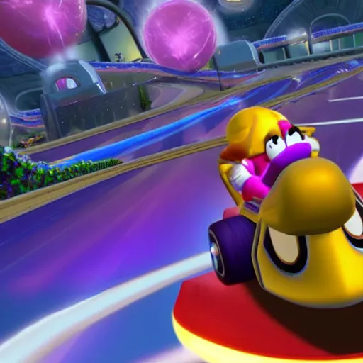 Image similar to Thanos in Mario Kart Game, screenshot from the game,artstation, hyperdetalied,high quality, high rendering, realistic,HD,