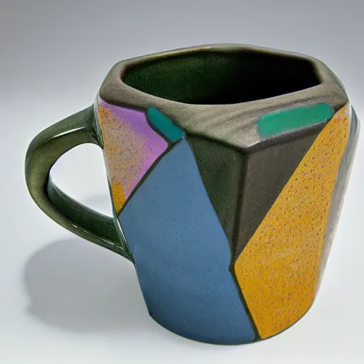 Image similar to avant - garde geometric ceramic mug with bright iridescent glaze