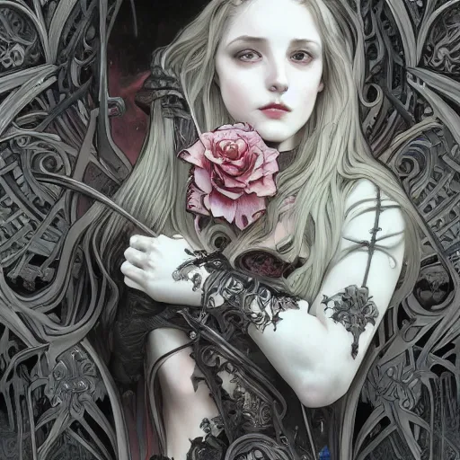 Image similar to a photograpic of death, gothic, fantasy, intricate, elegant, highly detailed, digital painting, artstation, concept art, smooth, sharp focus, illustration, art by artgerm and H R Giger and alphonse mucha